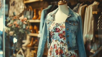 A stylish outfit on a mannequin, featuring a floral dress, denim jacket, and ankle boots