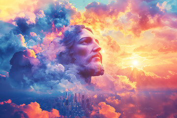 Face of Jesus Christ appearing among the clouds in a beautiful sunset, above a modern city