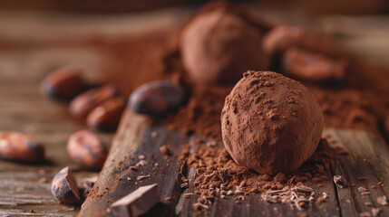 Wall Mural - a rich chocolate truffle with a dusting of cocoa powder, placed on a rustic wooden board with a few scattered cacao beans