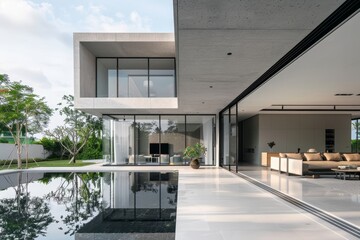 Wall Mural - Minimalist modern residence characterized by concrete walls, floor-to-ceiling glass windows, sleek interiors, and a serene poolside sitting area.