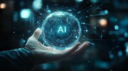 Hand holding a glowing AI sphere symbolizing the power and potential of artificial intelligence.