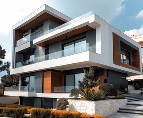 Wall Mural - A sleek modern house with extensive glass panels, showcasing innovative architectural design, set against a beautifully landscaped backdrop.