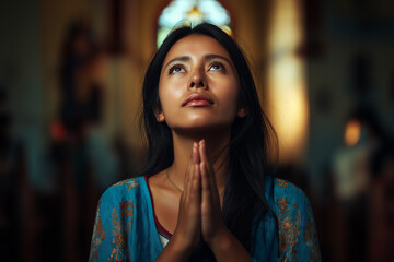 A young woman in a blue dress prays inside a church, looking upward with hands folded, symbolizing faith and spirituality in a serene and solemn atmosphere.