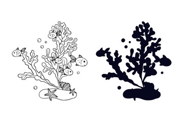 Wall Mural - Line sketch,silhouette,stamp of shaggy seaweed with fish and shells.Vector graphics.