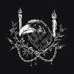 Crow head angry chain and candles black and white illustration