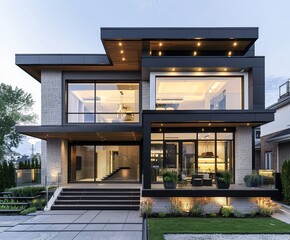 Poster - This image features a modern luxury house at dusk, with expansive windows, ambient lighting, and minimalist landscaping, creating a warm and welcoming atmosphere.