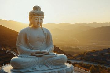 A large, peaceful Buddha statue is depicted in a serene pose with a beautiful sunset over rolling mountains in the background, capturing a moment of tranquility and spirituality.