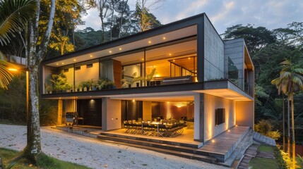 Poster - A contemporary house nestled in a forest, featuring large glass walls and warm evening lights, providing a cozy and inviting atmosphere.