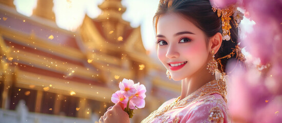 Wall Mural - Beautiful Thai woman in traditional dress with temple background, Thailand. Asian girl wearing pink and purple sari standing against a golden palace building.