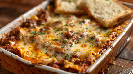 Italian lasagna, with layers of pasta, rich meat sauce, and melted cheese, served in a ceramic baking dish, with a side of garlic bread on a wooden table