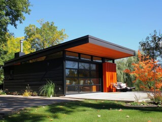 Sticker - A contemporary single-story home showcasing clean lines and vibrant orange accents, nestled amidst rich green foliage, epitomizing modernity and simplicity.