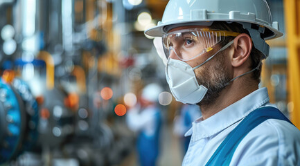 Poster - Engineer working in a chemical factory. Generative AI.