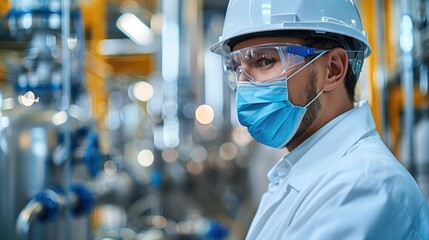 Poster - Engineer working in a chemical factory. Generative AI.
