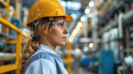 Poster - Engineer working in a chemical factory. Generative AI.
