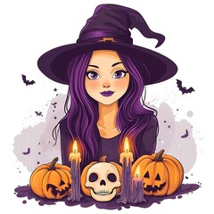 Wall Mural - A cartoon illustration features an evil witch with long purple hair, surrounded by carved pumpkins, lit candles, and a skull, capturing the spooky essence of Halloween