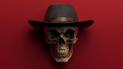 Wall Mural - A Skull in a Cowboy Hat Against a Red Background