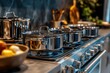 © Nena Ai - A selection of shiny and clean metal pots and pans arranged neatly on a modern kitchen counter, embodying a sense of order, cleanliness, and culinary readiness.