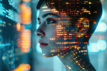 Cybersecurity and artificial intelligence concept. Young female IT specialist, programmer developer analyzes program code on the monitor. Global Internet network. Augmented reality.