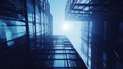 Low angle shot of modern glass skyscrapers with the sun shining between them, illustrating urban architecture and futuristic design.