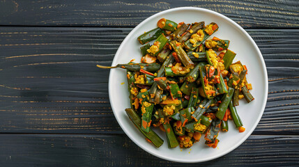 Wall Mural - Delicious vegetarian bhindi masala stir fry with fresh okra on white plate. Bursting with flavor and spices, perfect for lunch or dinner. Top-down view offers tantalizing glimpse