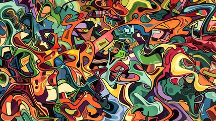 Wall Mural - A vivid abstract artwork featuring a mix of intricate swirls, patterns, and shapes in many colors.