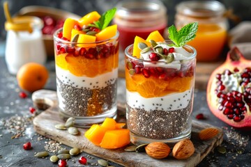 On a rustic wooden cutting board, two delicious glasses are filled with creamy chia seed pudding topped generously with fresh mango slices and vibrant pomegranate seeds