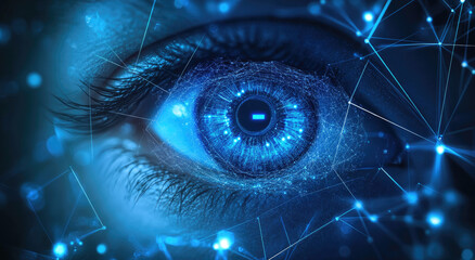 Canvas Print - A close-up of an eye with digital elements like glowing lines and data points, representing the advanced technology behind AI vision