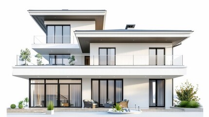 Sticker - An elegant contemporary house featuring large balconies, expansive glass doors, and a minimalist outdoor seating area, exuding a modern lifestyle.