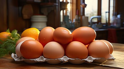 Wall Mural - eggs on wooden table  