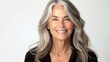 © visoot - Stylish senior woman with gray hair smiling at the camera, isolated on a white background. Generative AI.