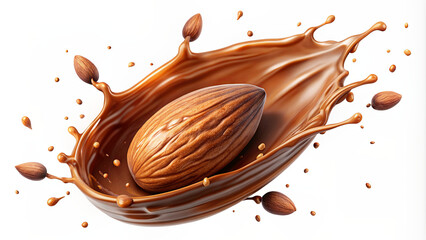 An almond drops into a pool of smooth chocolate, creating an enticing splash that highlights the natural shape of the nut and the creamy texture of the chocolate