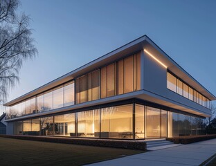 Poster - This image features a modern house with expansive glass walls, showcasing warm indoor lighting against the evening sky.