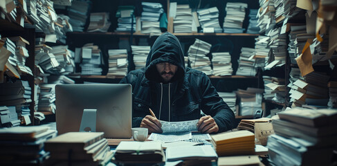 Fototapete - A hacker with a black hoodie sitting on a desk on his computer, in his hands a list witch passwords written on them, on the desk and behind him huge piles of paper and books. Generative AI.