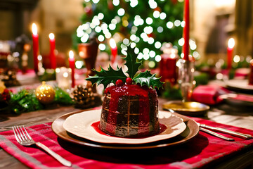 Traditional Christmas pudding topped with holly served on a festive table with candles and holiday decorations in the background