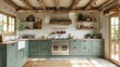 © visoot - A green and beige rustic country kitchen with white tiles, an island and wood logs on ceiling. Generative AI.