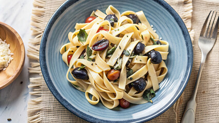 A vibrant bowl of creamy pasta features various shapes, topped with fresh basil leaves, and adorned with green peas, resting on a rustic wooden table