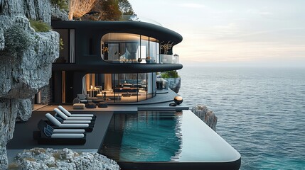 Wall Mural - A luxurious matte black house which is extremely luxurious modern and comfortable. The house is on the edge of a cliff with a very luxurious pool between the cliff and the house and black sun lounger.