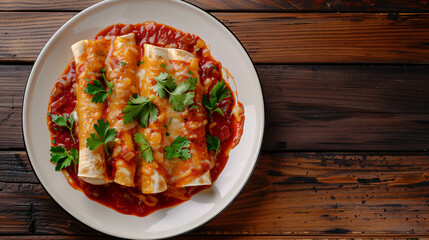 Wall Mural - Delicious chicken enchiladas covered with melted cheese and tomato sauce, garnished with fresh parsley