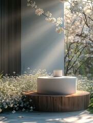 Aufkleber - A modern podium for product design against the backdrop of a white flower garden. Generative AI.