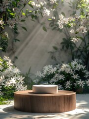 Aufkleber - A modern podium for product design against the backdrop of a white flower garden. Generative AI.