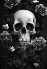 Wall Mural - Portrait of a surreal human skull decorated with roses