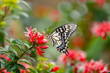Wall Mural - Beautiful butterfly with black, white, and blue markings is perched on a red flower, gathering nectar
