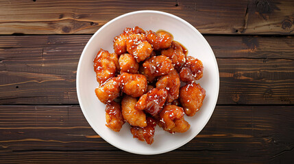 Poster - Plate of mouthwatering orange chicken with a sticky glaze and sesame seed garnish is set on a vintage wooden table