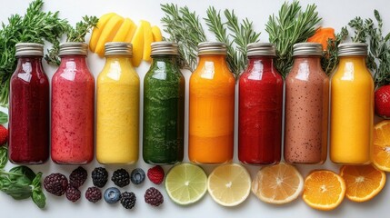 colorful array of fresh fruit and vegetable smoothies in glass bottles ingredients artfully arranged clean white background emphasizing health