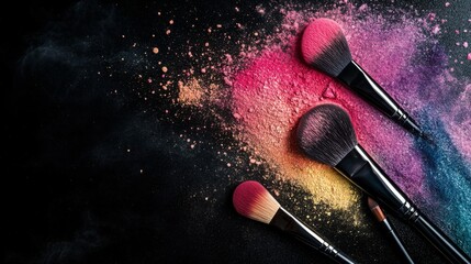 Wall Mural - Makeup brushes scattered on a black surface with vibrant powder blush explosions in shades of pink, orange, yellow, and blue, creating a dramatic and colorful beauty scene
