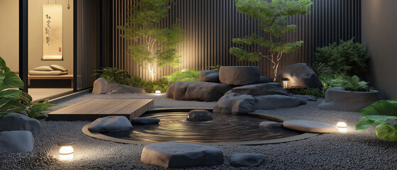 A serene Japanese garden at night featuring rocks, water, and soft lighting, creating a tranquil and peaceful atmosphere.