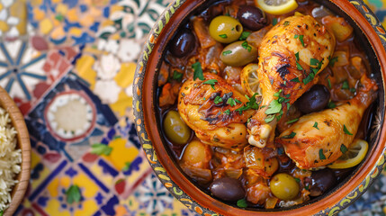 Wall Mural - Moroccan tagine, with tender chicken, olives, and preserved lemons, served in an ornate tagine pot, set on a colorful mosaic table with a side of couscous