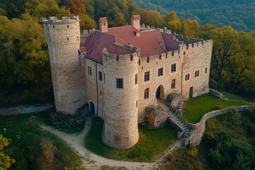 Wall Mural - Medieval stone castle with forest view, Stone fortress on the hill of mountain.	