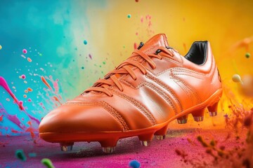 Orange leather soccer cleat with rainbow colored paint splatter.