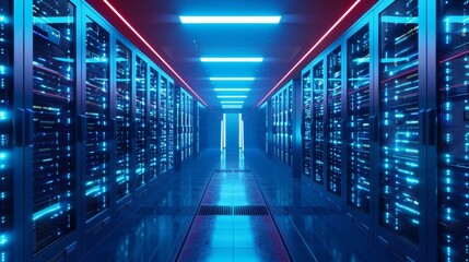 Canvas Print - A sleek and modern data center with brightly lit server racks under blue and red lighting, symbolizing cutting-edge technology.